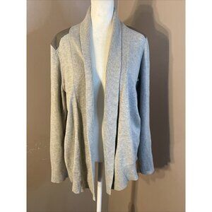 Banana Republic Open Cardigan Grey Faux Leather Zip Wrists Shoulders Sz LP